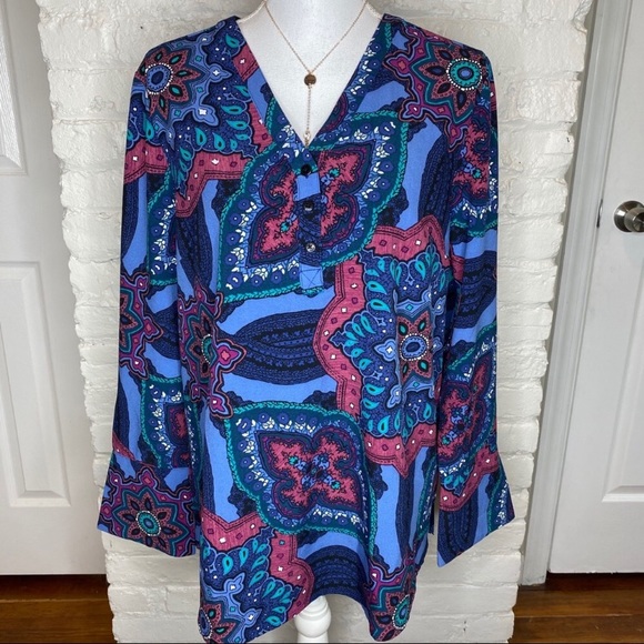 Denim&Co Tops - Denim & Co Blue Floral Long Sleeve Blouse M —#011